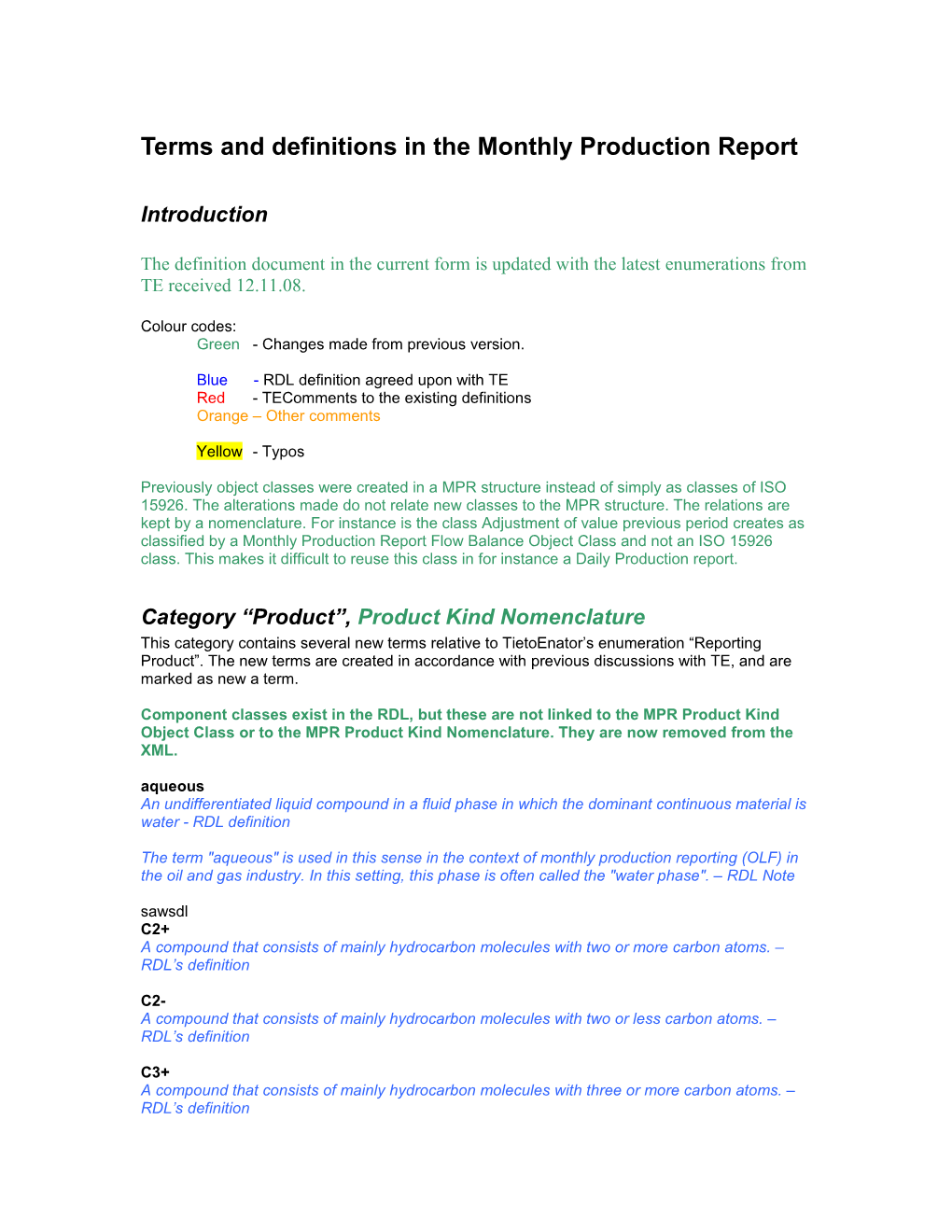 Terms and Definitions in the Monthly Production Report
