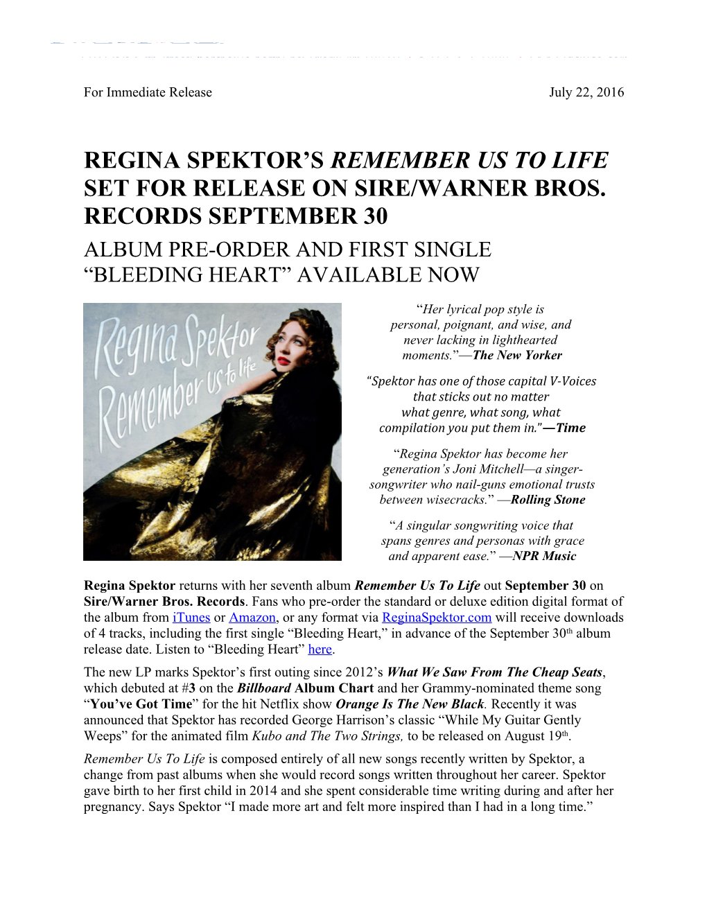 Regina Spektor S Remember Us to Life Set for Release on Sire/Warner Bros. Recordsseptember 30