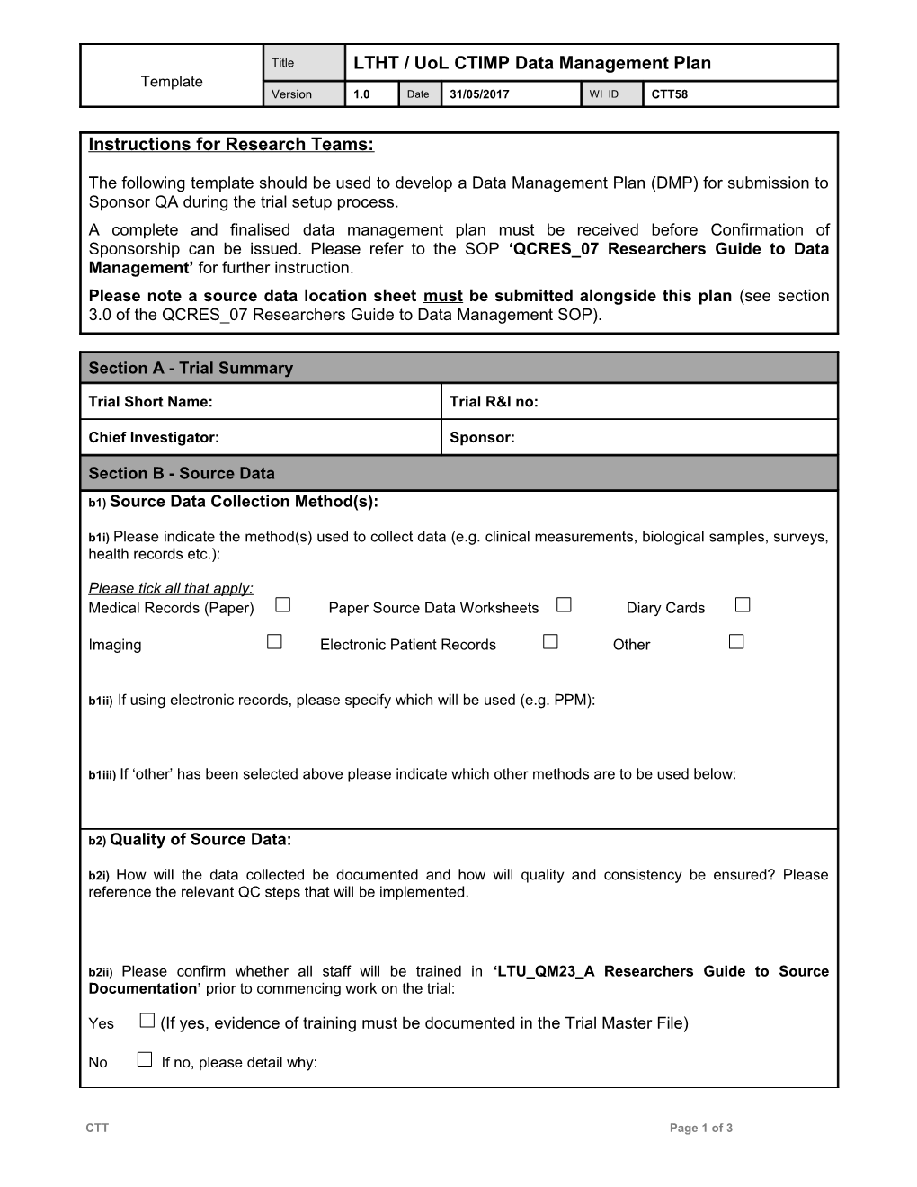 LTHT / Uol CTIMP Data Management Plan