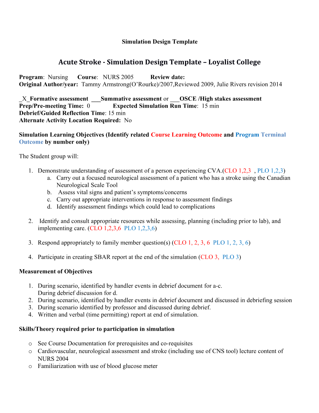 Acute Stroke - Simulation Design Template Loyalist College