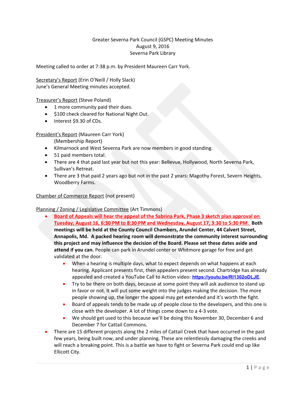 Greater Severna Park Council (GSPC) Meeting Minutes