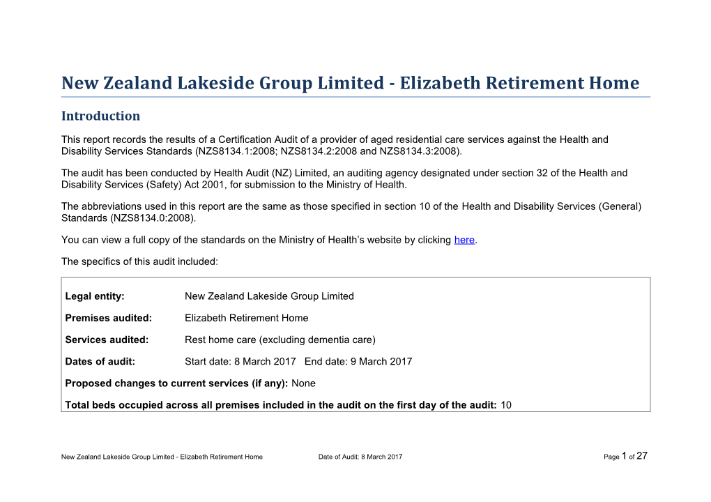 New Zealand Lakeside Group Limited - Elizabeth Retirement Home