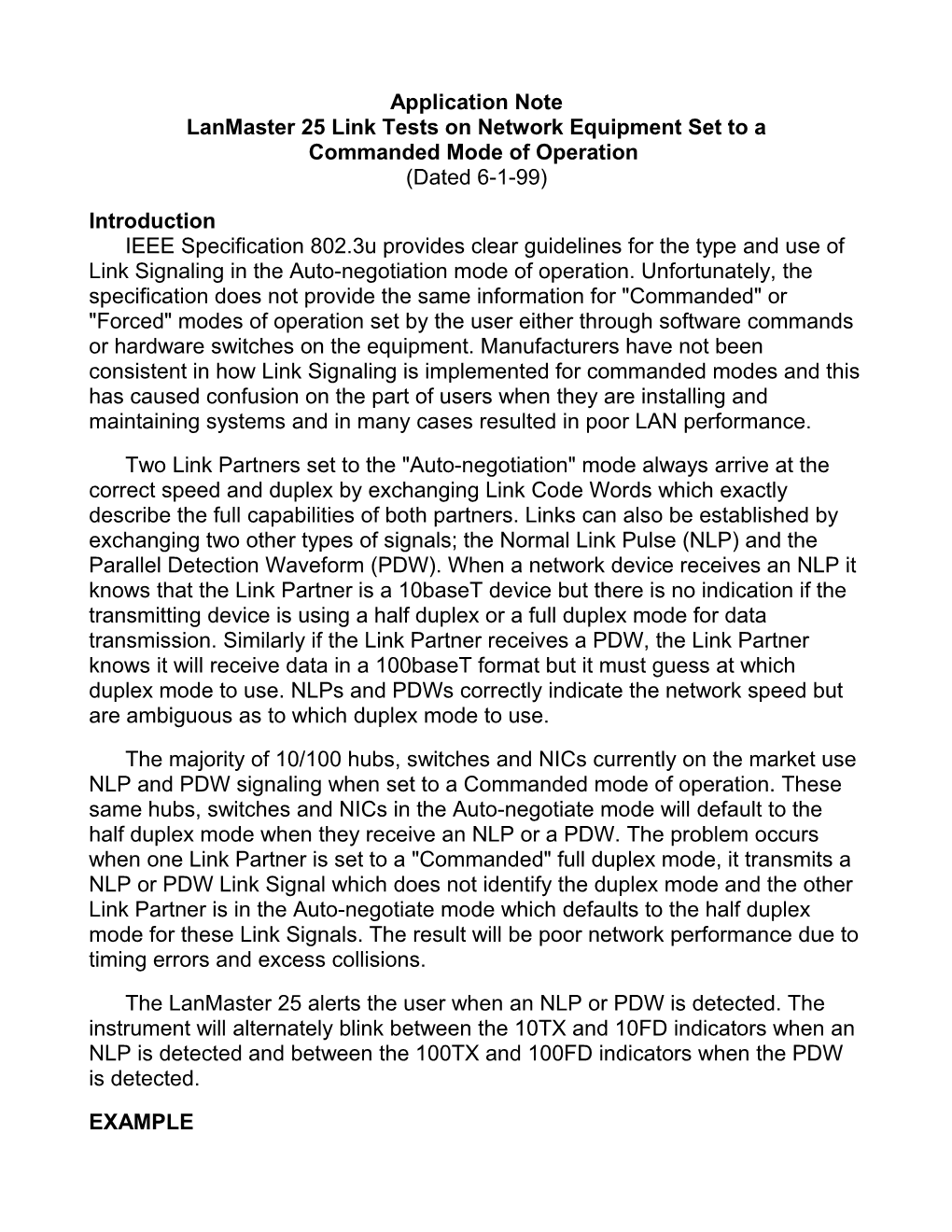 Application Note Lanmaster 25 Link Tests on Network Equipment Set to a Commanded Mode