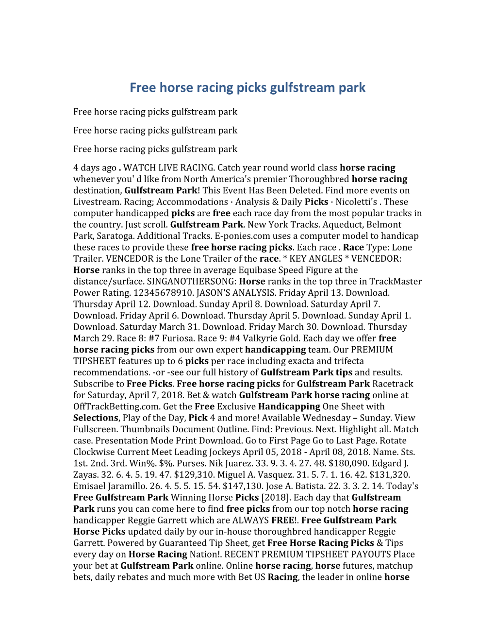 Free Horse Racing Picks Gulfstream Park