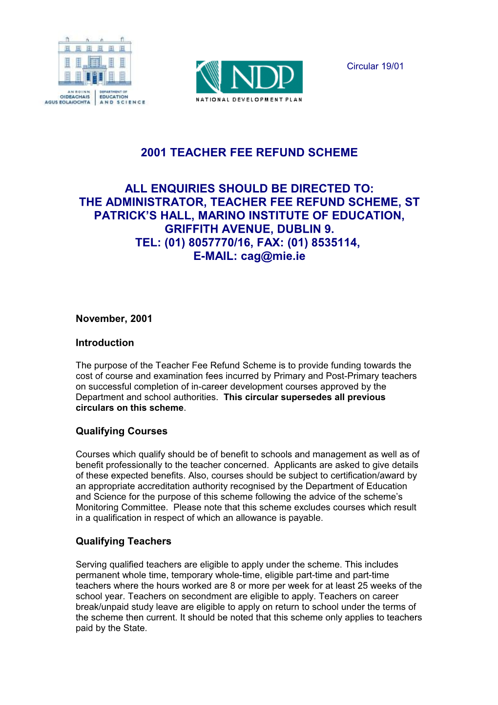 Primary Circular 19/01 Teacher Refund of Fees Scheme (Word Format 64KB)