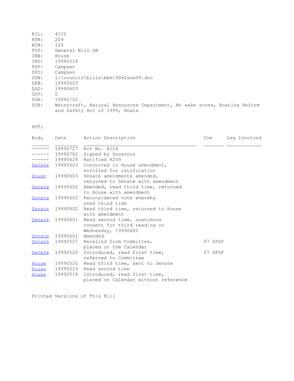 1999-2000 Bill 4110: Watercraft, Natural Resources Department, No Wake Zones, Boating Reform