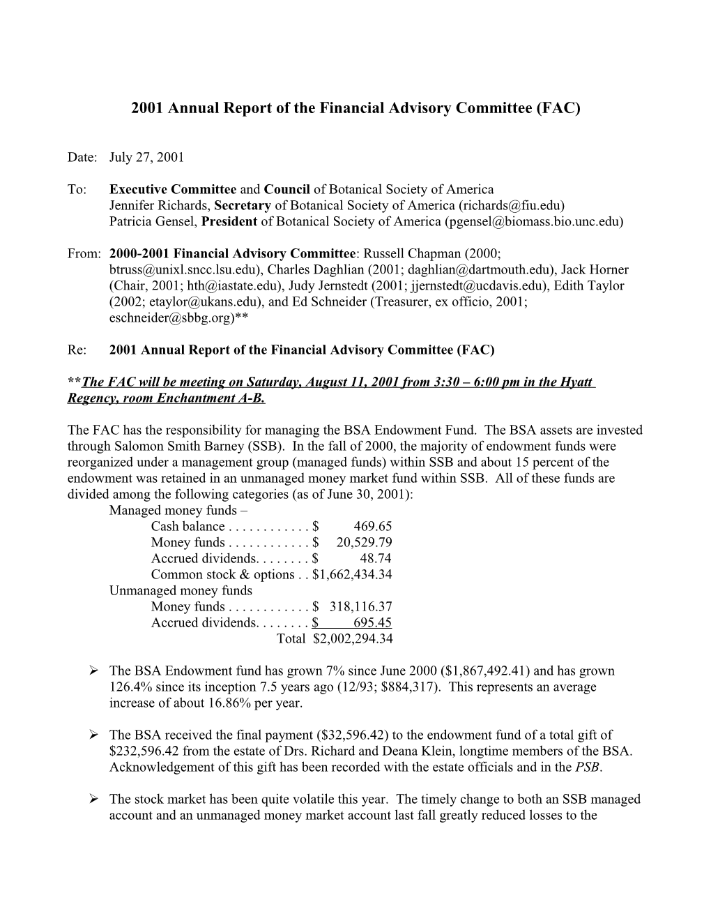 2001 Annual Report of the Financial Advisory Committee (FAC)