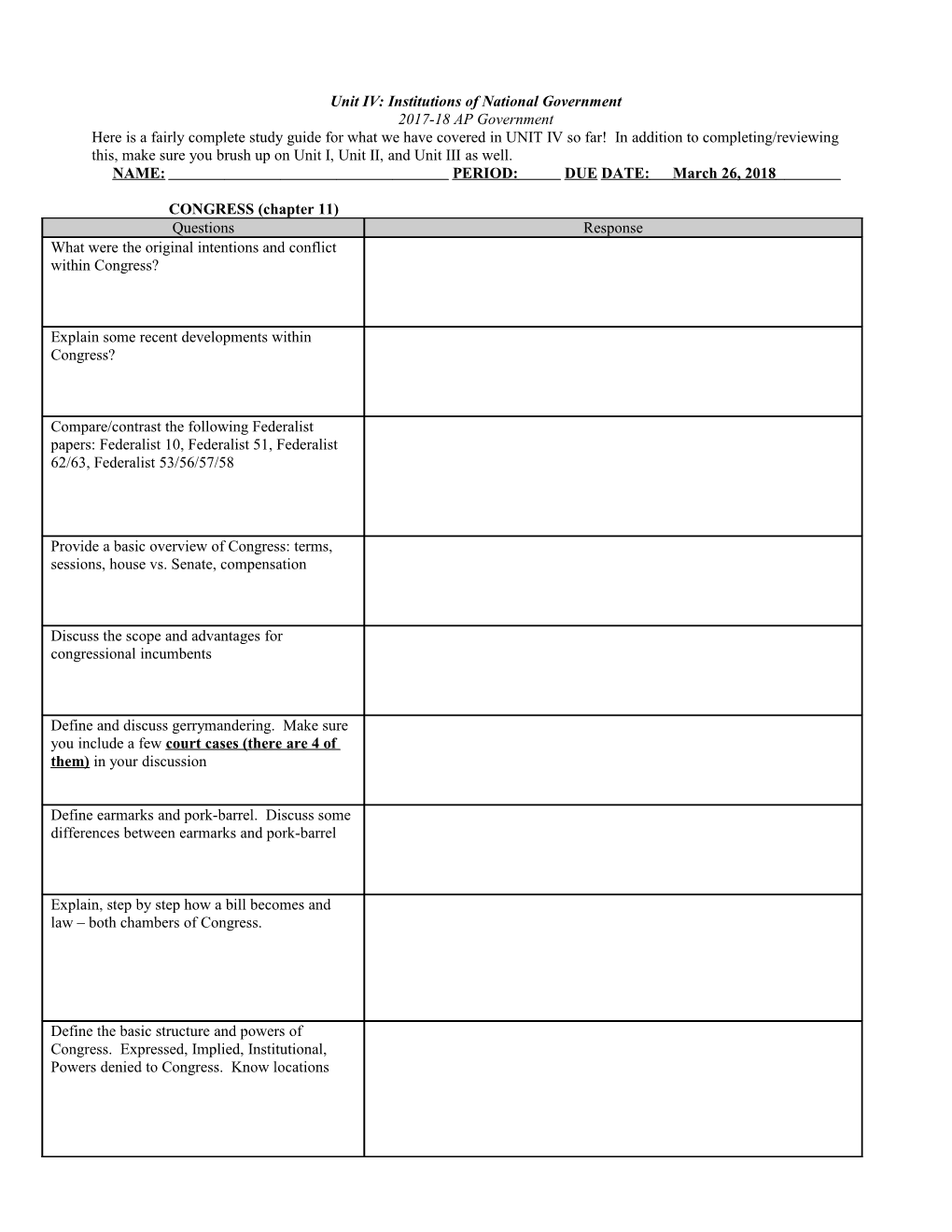 Unit IV: Institutions of National Government