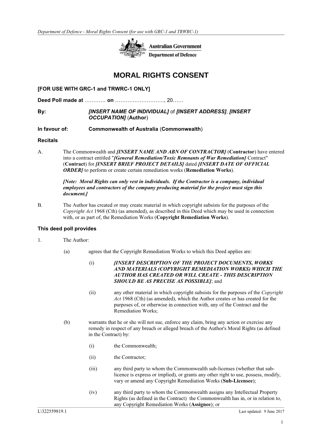 Department of Defence - Moral Rights Consent (For Use with GRC-1 and TRWRC-1)