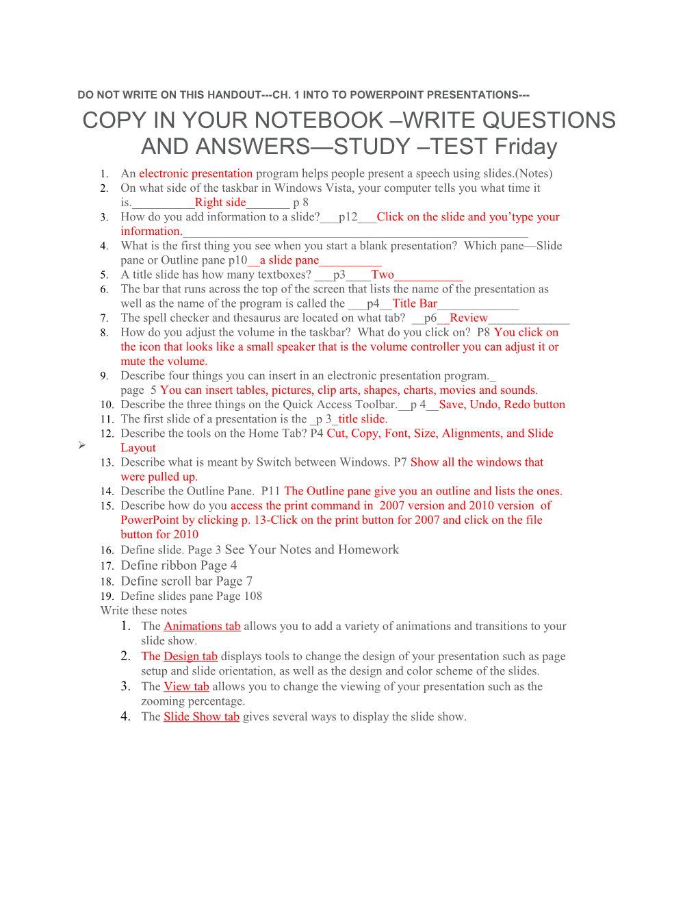 Do Not Write on This Handout Ch. 1 Into to Powerpoint Presentations