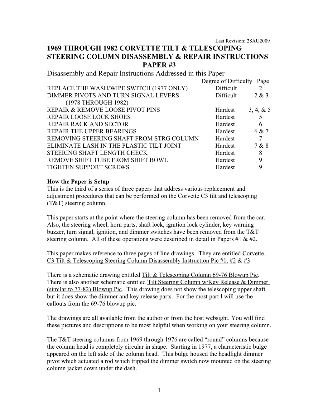 1969 Through 1982 Corvette Tilt & Telescoping Steering Column Disassembly & Repair Instructions