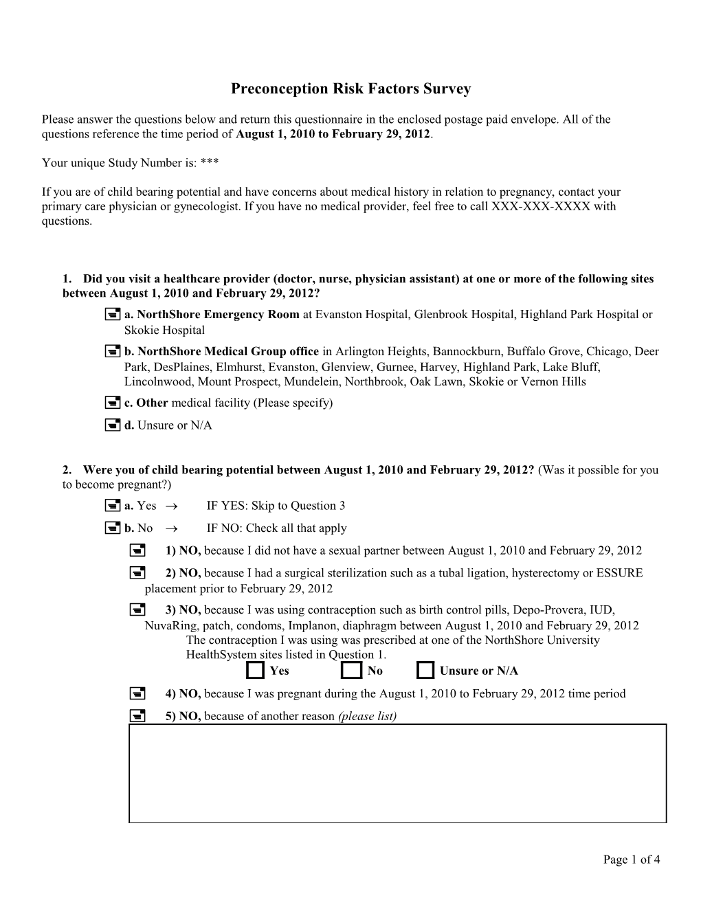 Preconception Risk Factors Survey