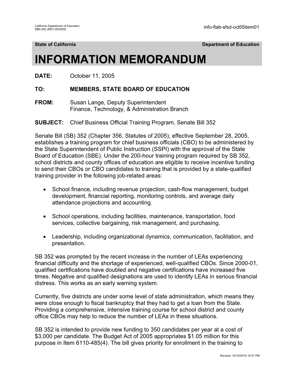 October 2005 SFSD Item 1 - Information Memorandum (CA State Board of Education)