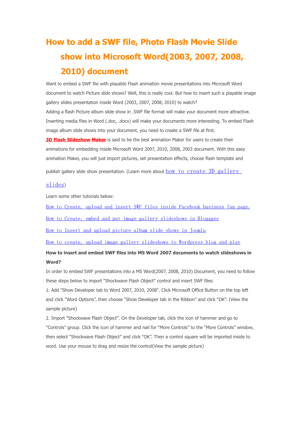 How to Add a SWF File, Photo Flash Movie Slide Show Into Microsoft Word(2003, 2007, 2008