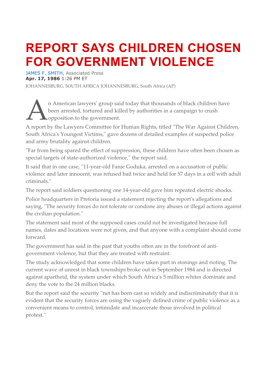 Report Says Children Chosen for Government Violence