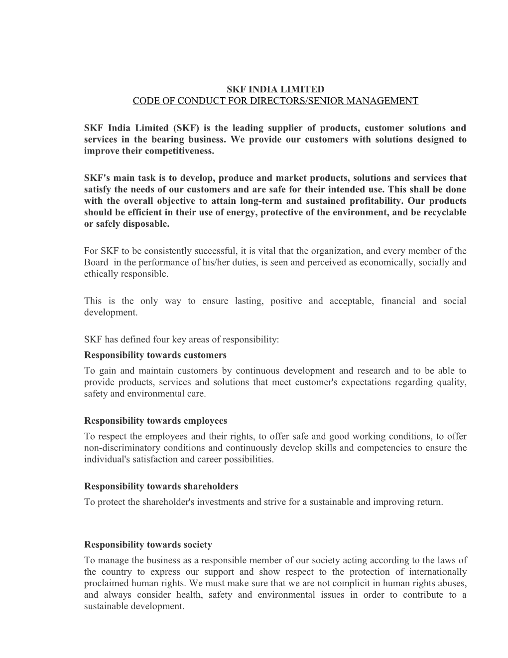 Code of Conduct for Directors/Senior Management