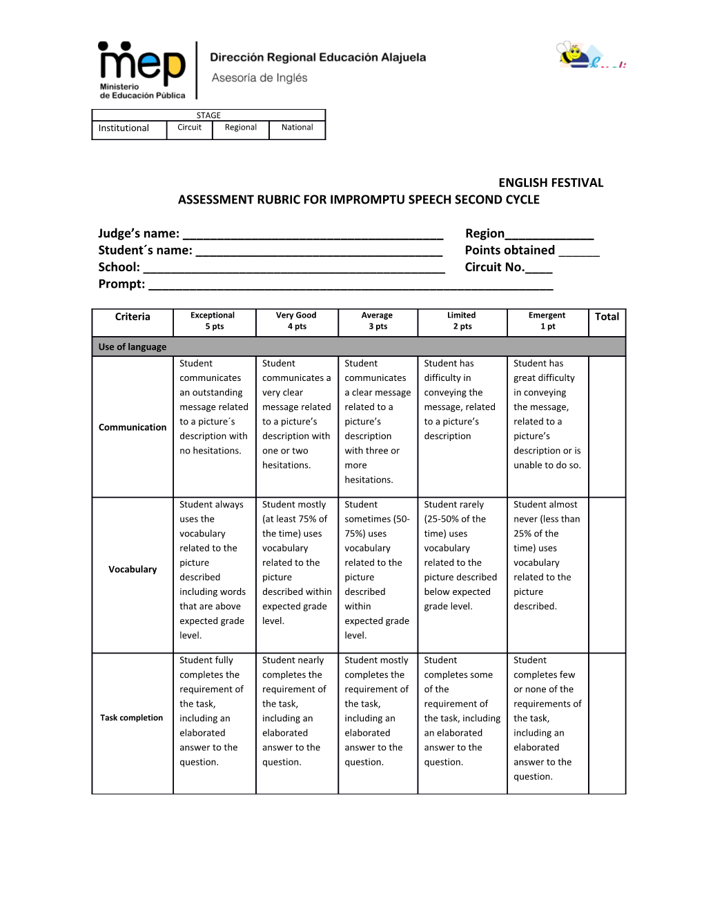 Assessment Rubric for Impromptu Speech Second Cycle