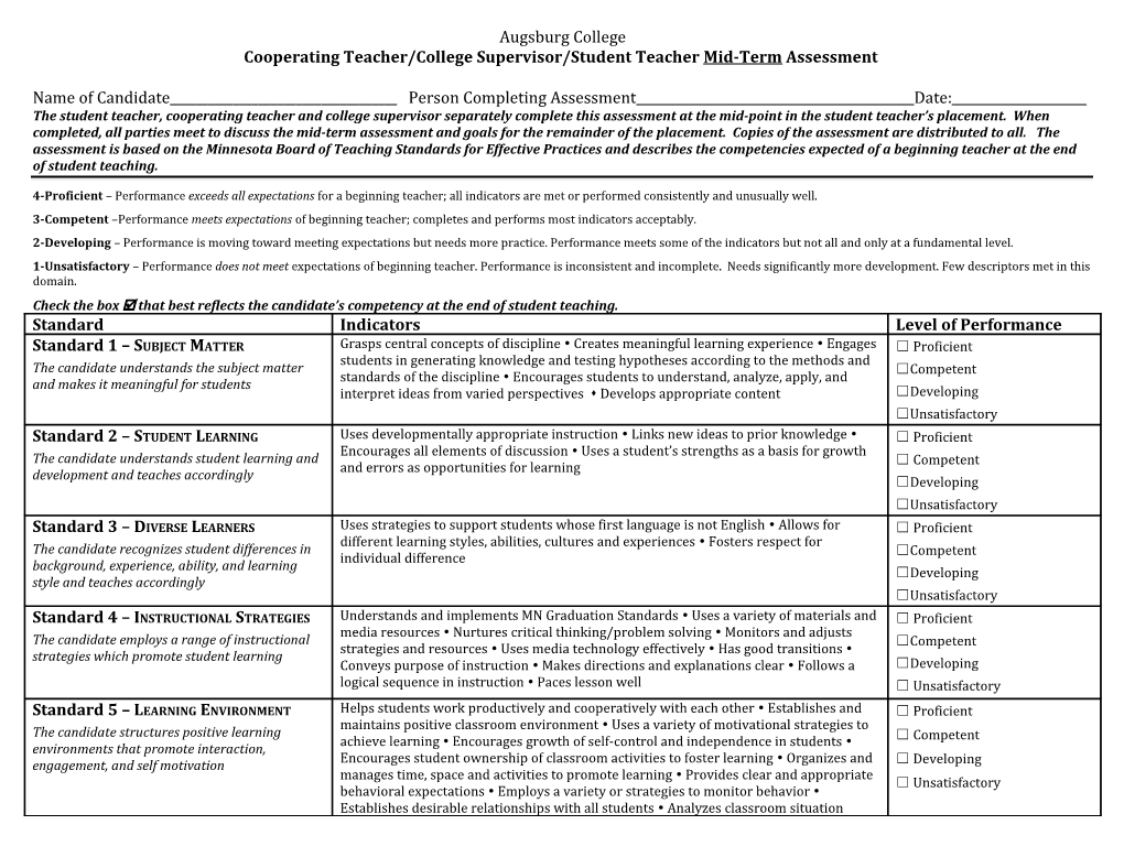 Cooperating Teacher/College Supervisor/Student Teacher Mid-Term Assessment