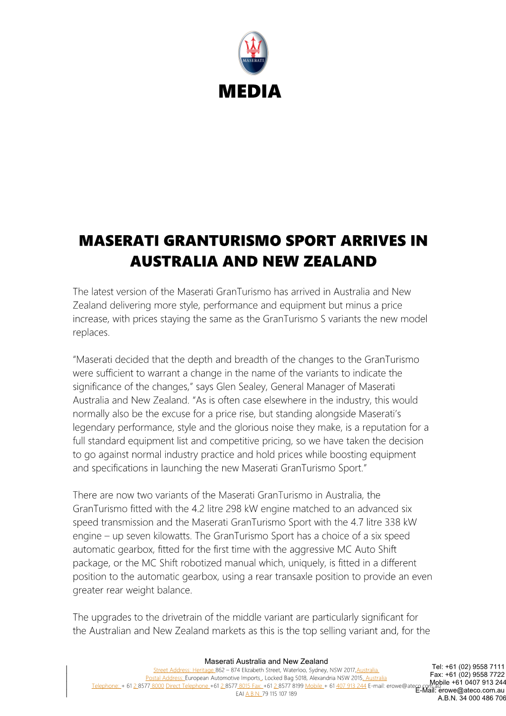 Maserati Granturismo Sport Arrives in Australia and New Zealand
