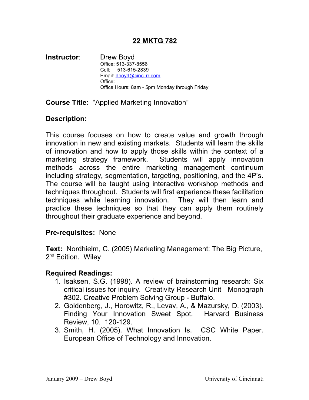Course Title: Applied Marketing Innovation