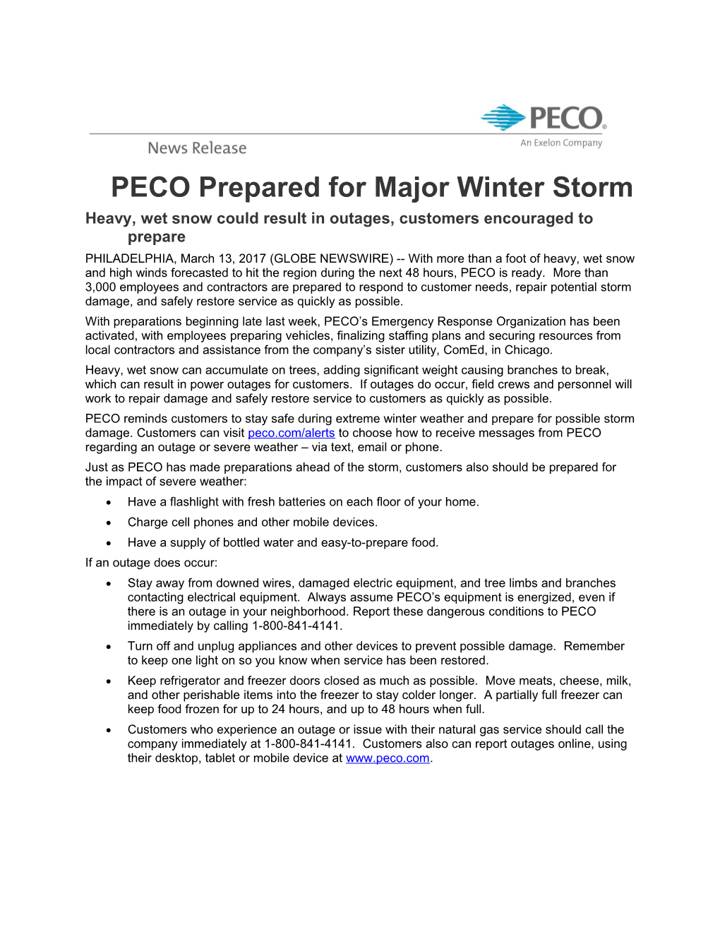 PECO Prepared for Major Winter Storm