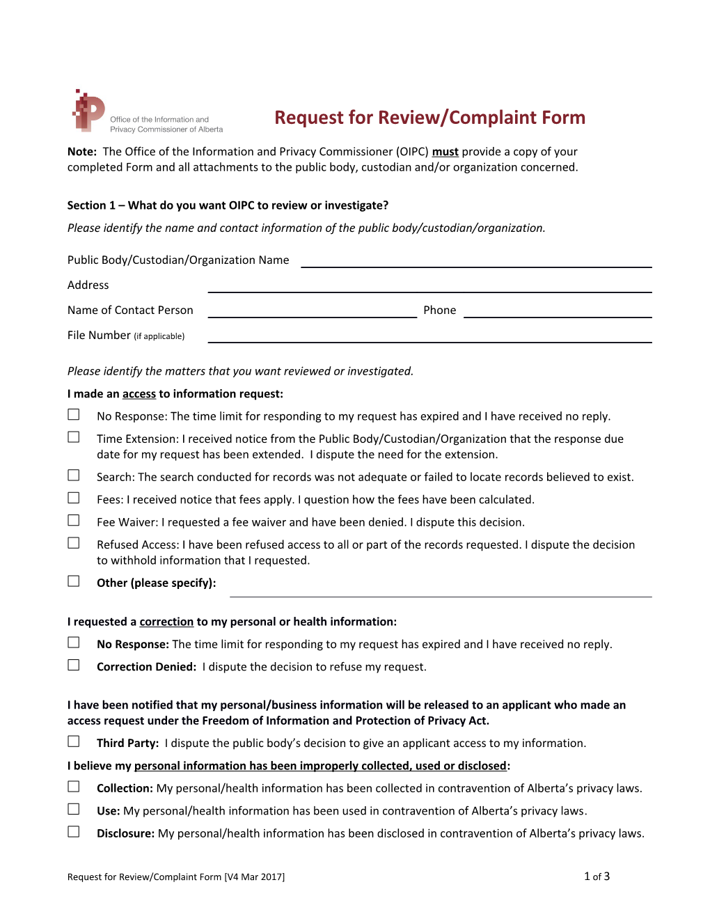 Request for Review/Complaint Form