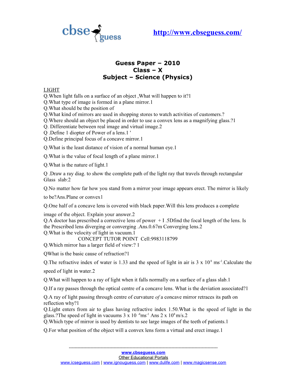 Guess Paper 2010 Class X Subject Science (Physics)