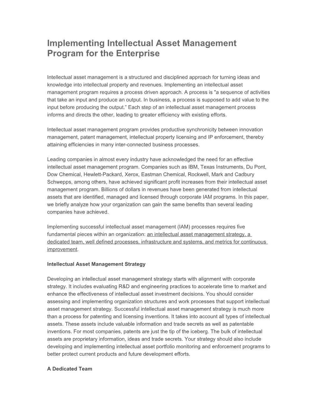 Implementing Intellectual Asset Management Program for the Enterprise