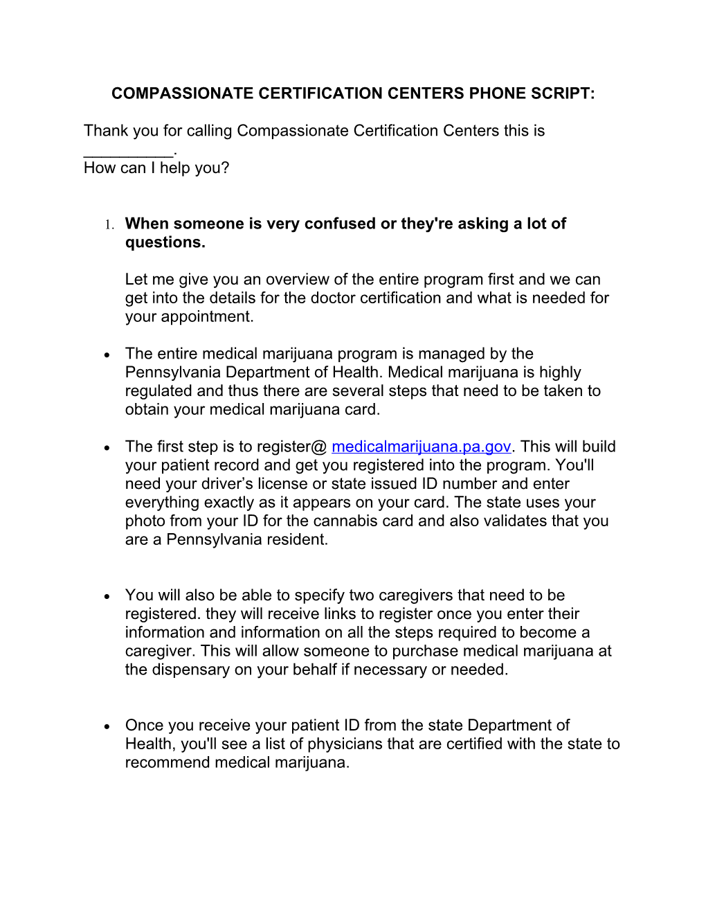 Compassionate Certification Centers Phone Script