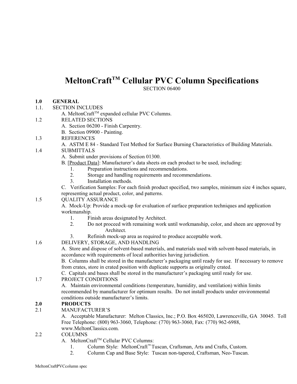 Meltoncrafttmcellular PVC Column Specifications