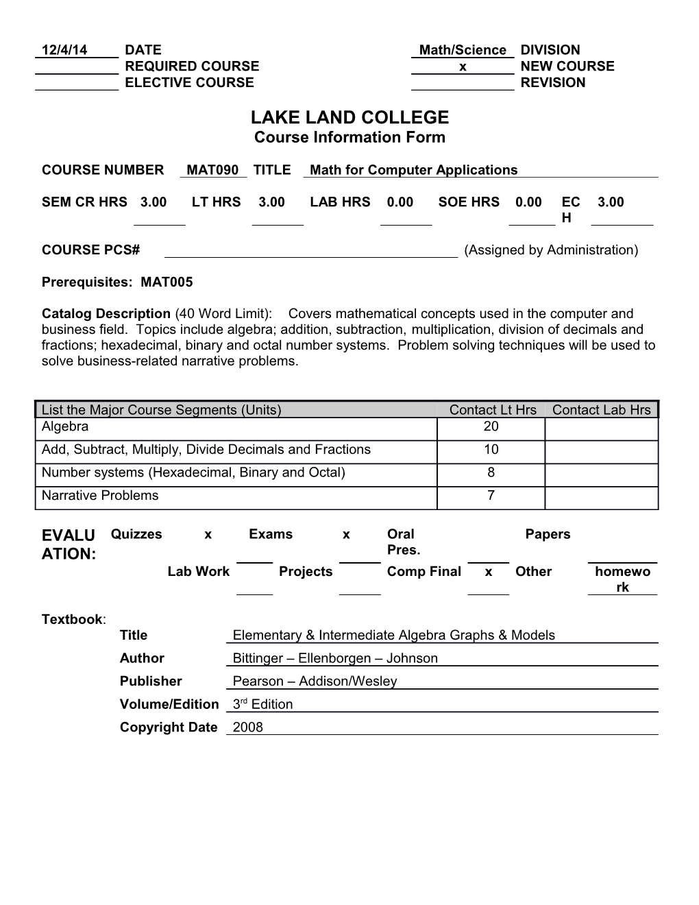 Major Course Segment Hourslearning Outcomes