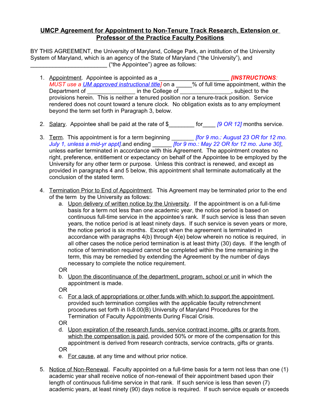 UMCP Agreement for Appointment to Non-Tenure Track Research, Extension Or