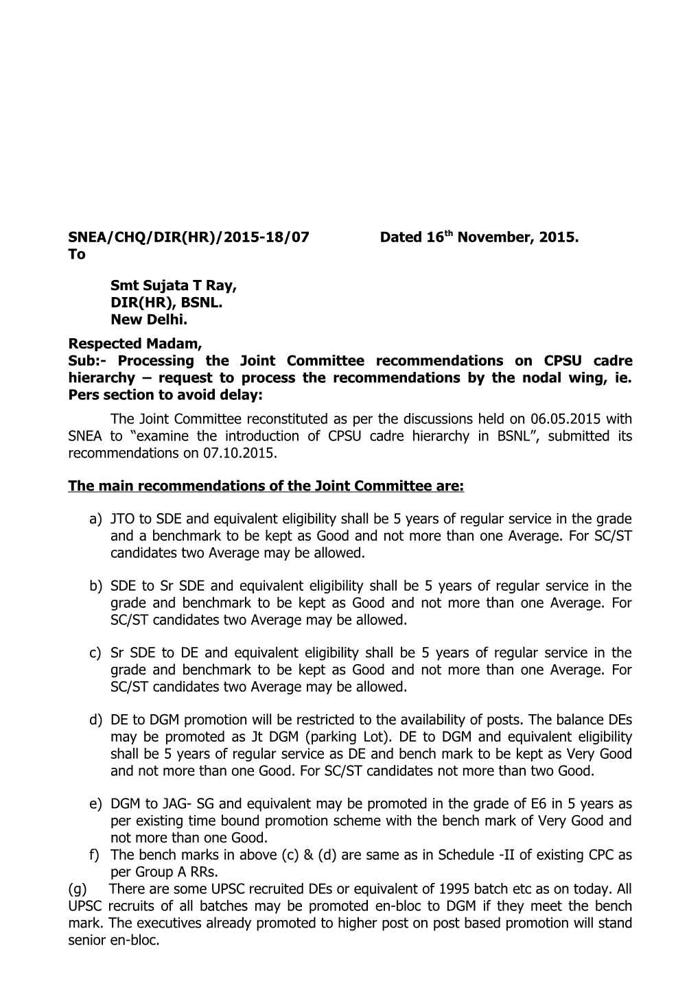 SNEA/CHQ/DIR(HR)/2015-18/07 Dated 16Th November, 2015