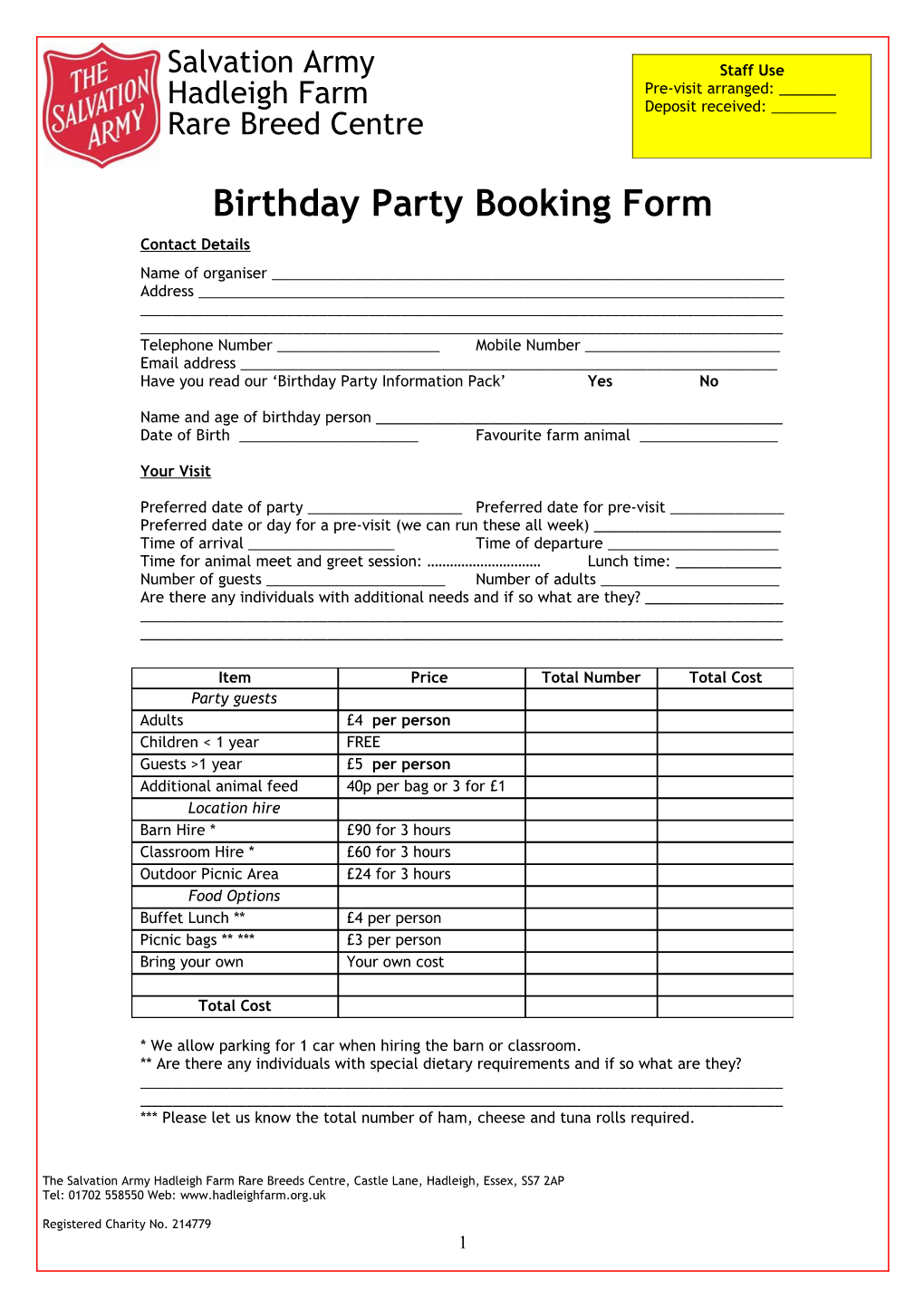 Birthday Party Booking Form