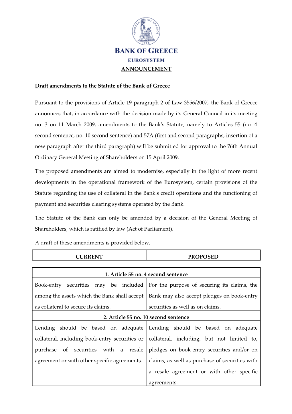 03.04.09 - Draft Amendments to the Statute of the Bank of Greecel