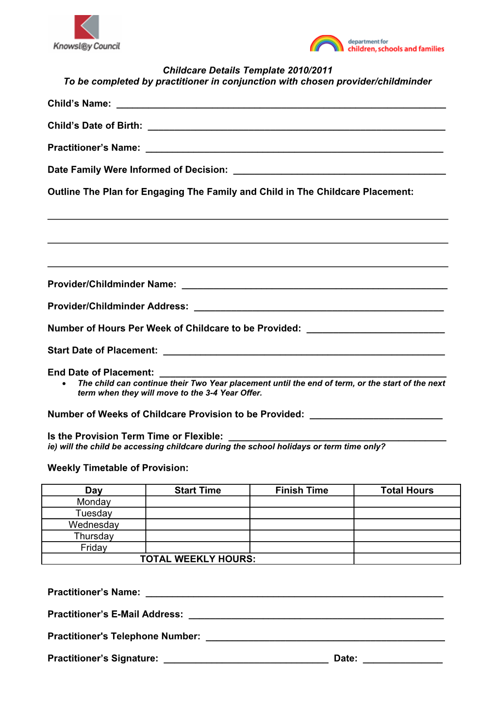 Childcare Details Template