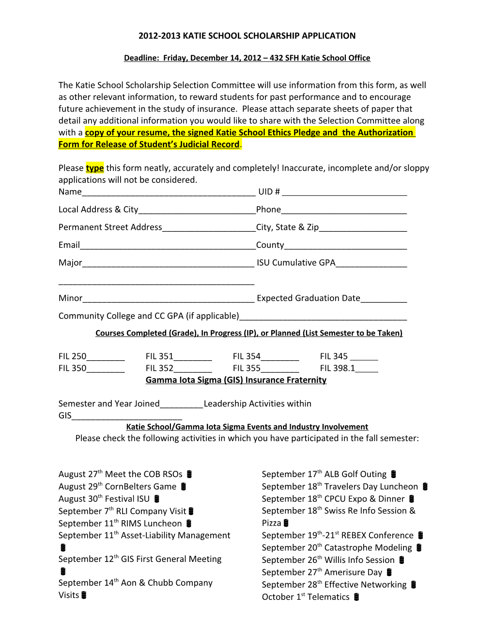 Katie School Scholarship Application