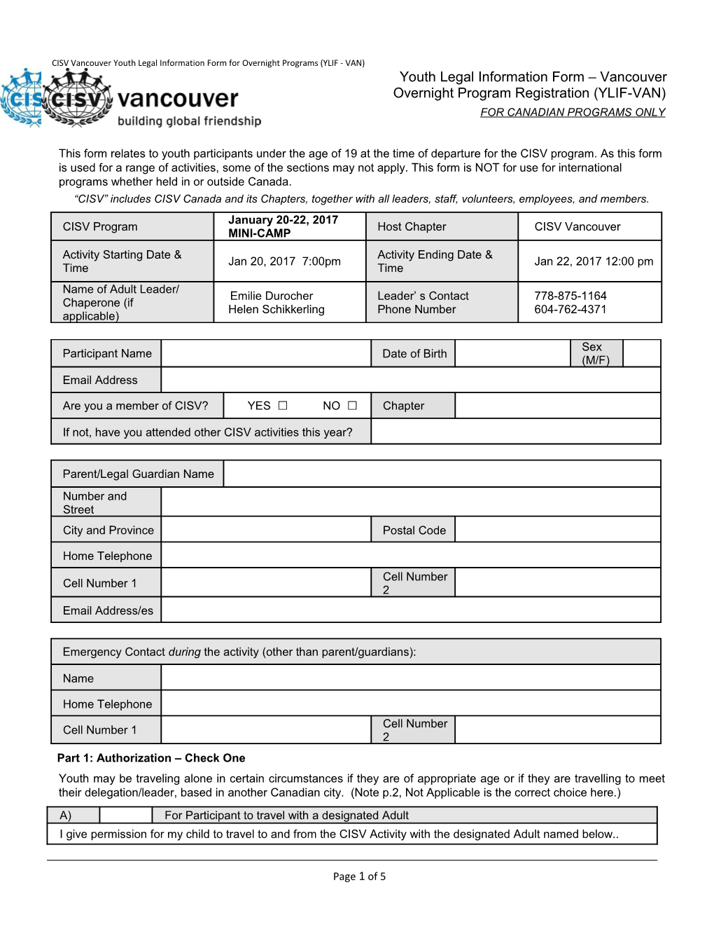 CISV Vancouver Youth Legal Information Form for Overnight Programs (YLIF - VAN)