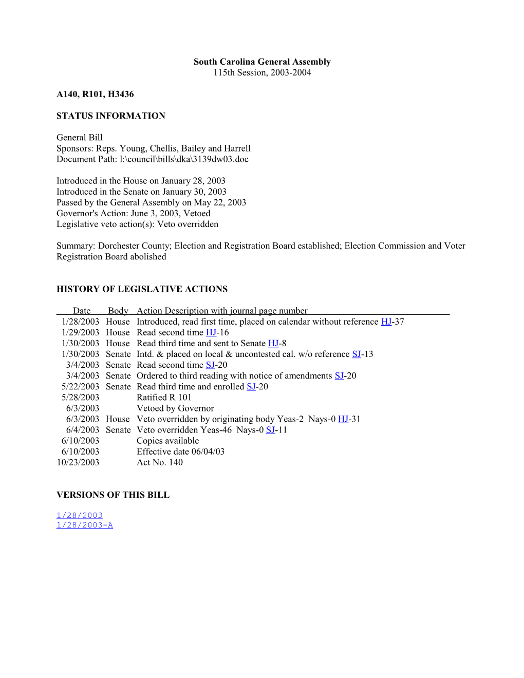 2003-2004 Bill 3436: Dorchester County; Election and Registration Board Established; Election