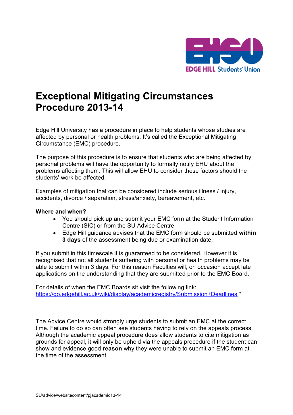 Exceptional Mitigating Circumstances Procedure 2013-14