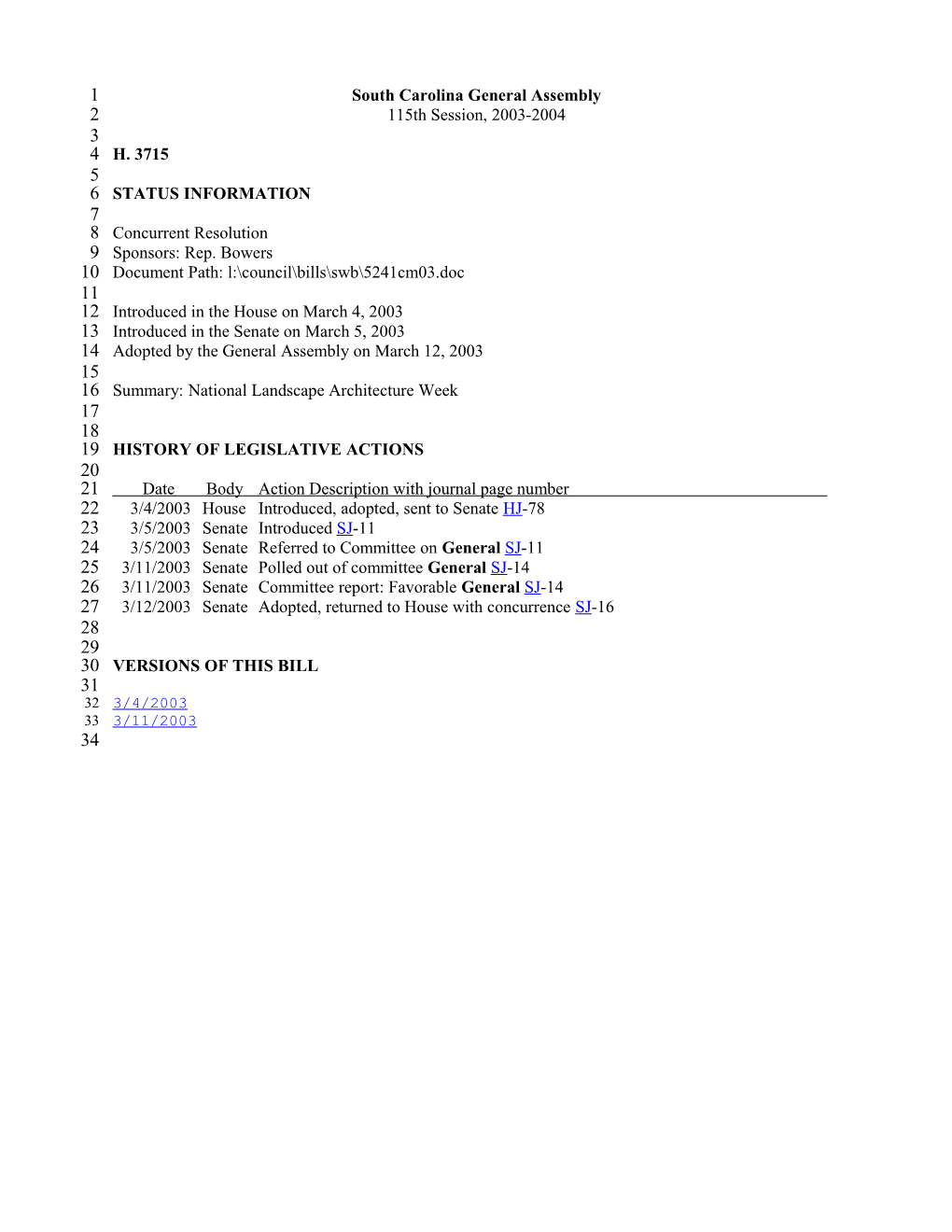 2003-2004 Bill 3715: National Landscape Architecture Week - South Carolina Legislature Online