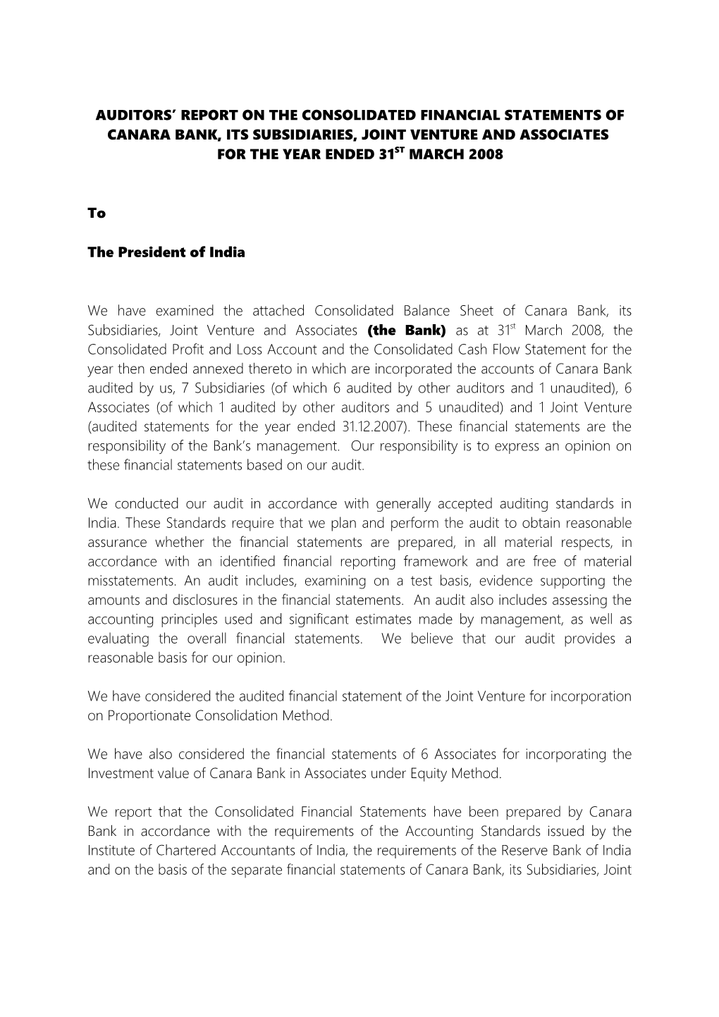 Auditor S Report on the Consolidated Financial Statements of Canara Bank and Its Subsidiaries