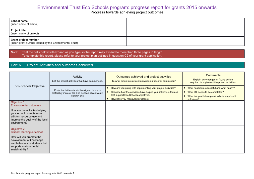 Eco School Progress Report Form - Pre 2015 Grants