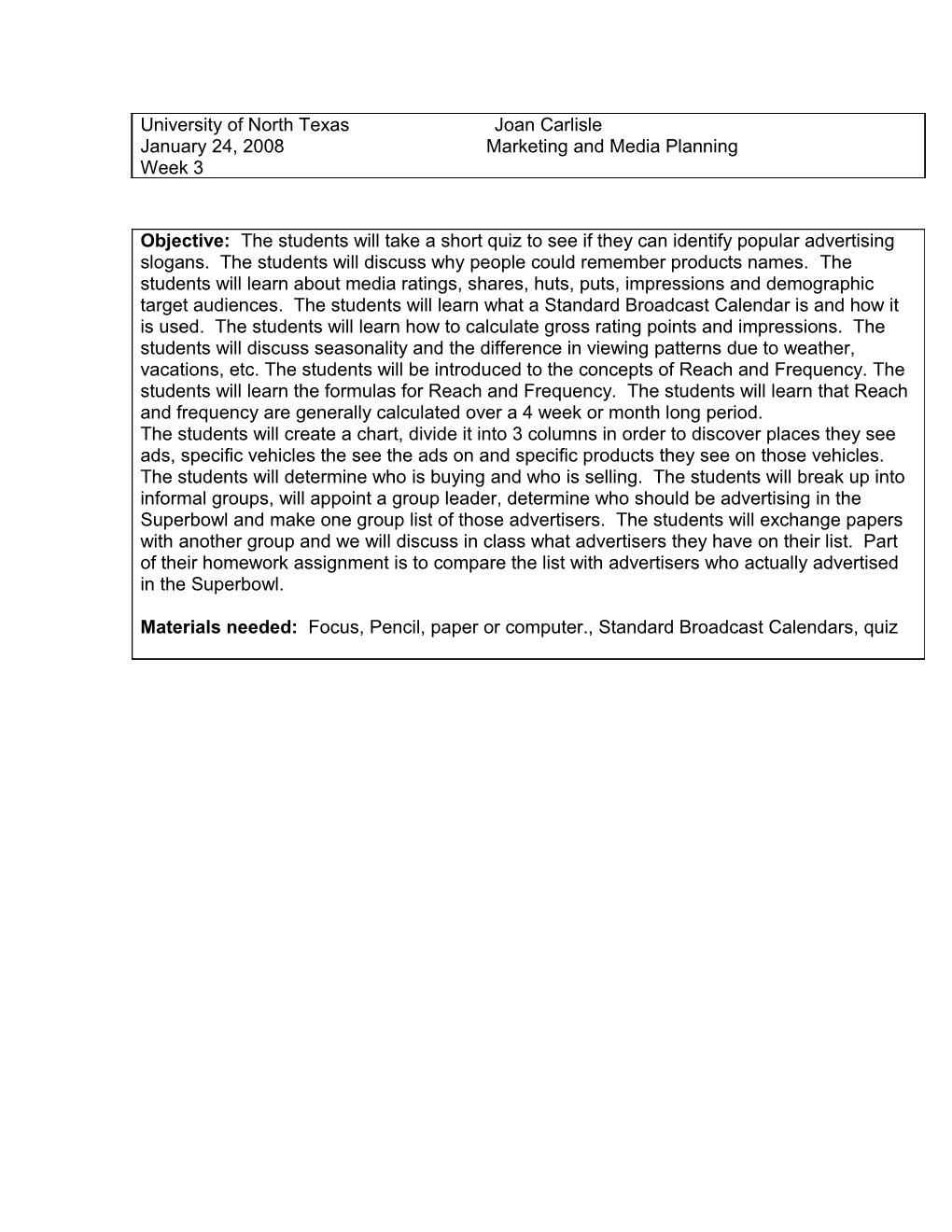 Weekly Electronic Lesson Plan Format