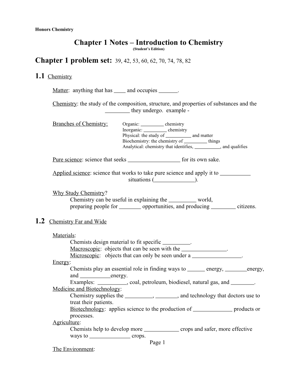 Chapter 1 Notes Introduction to Chemistry