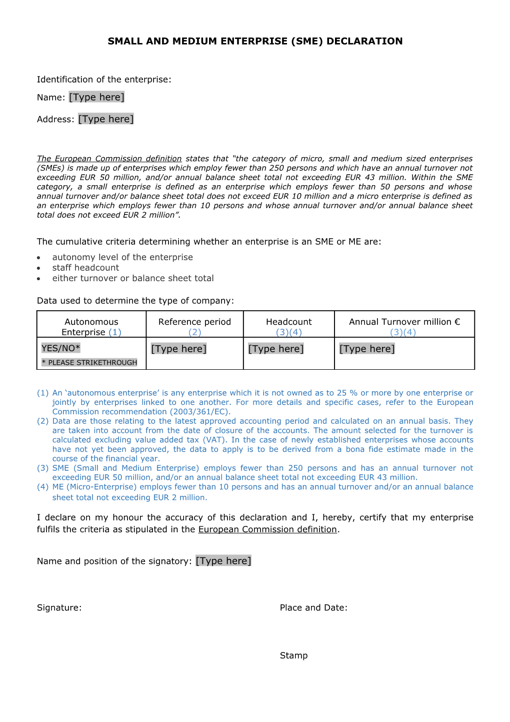 SME Micro Enterprise Declaration