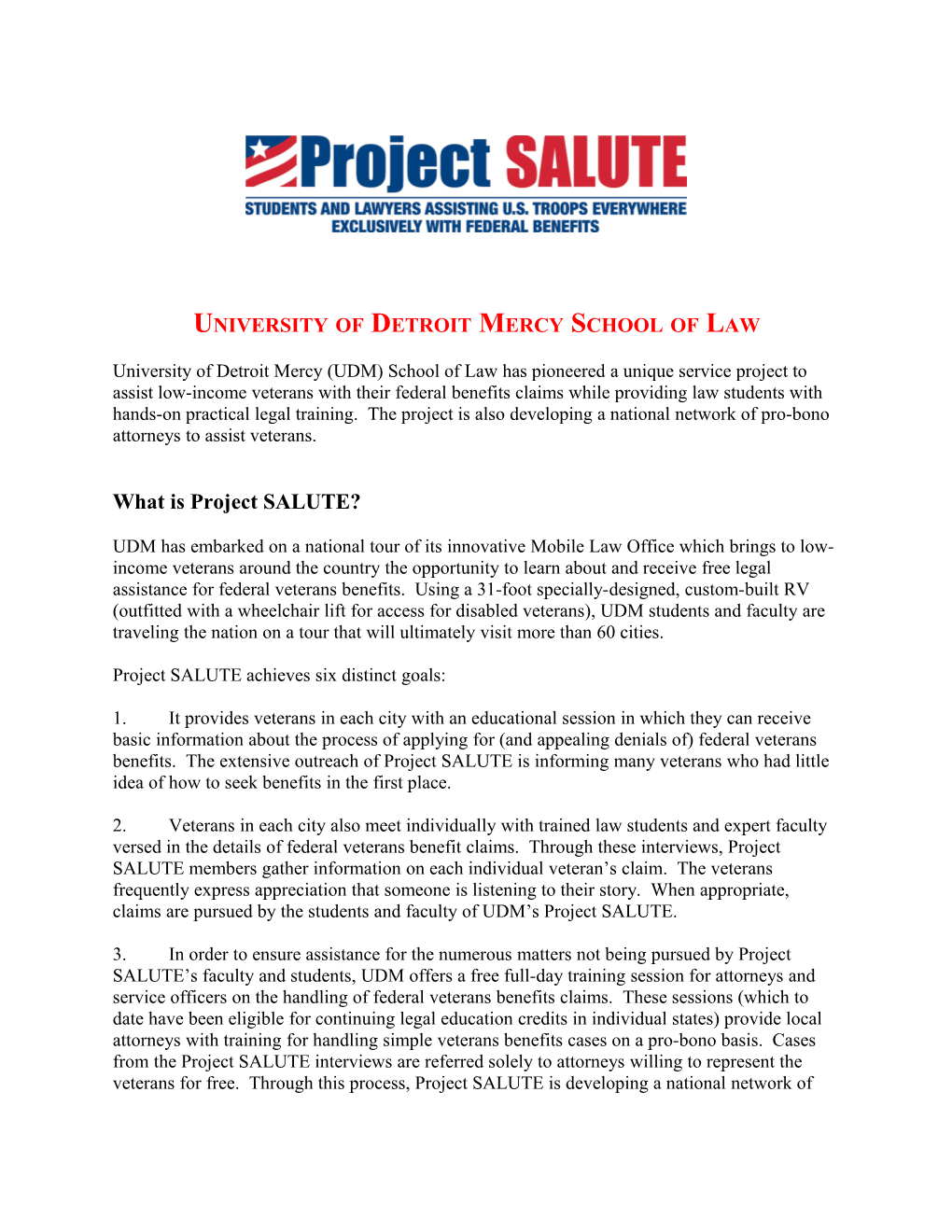 University of Detroit Mercy School of Law S Project SALUTE (Students and Lawyers Assisting U
