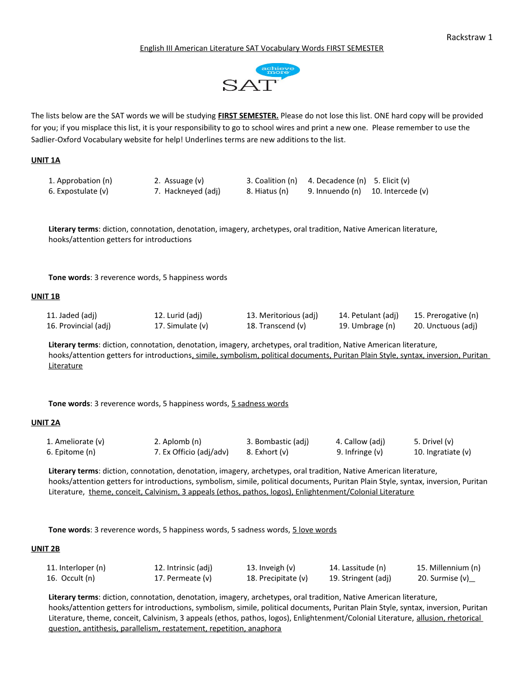 English III American Literature SAT Vocabulary Words FIRST SEMESTER