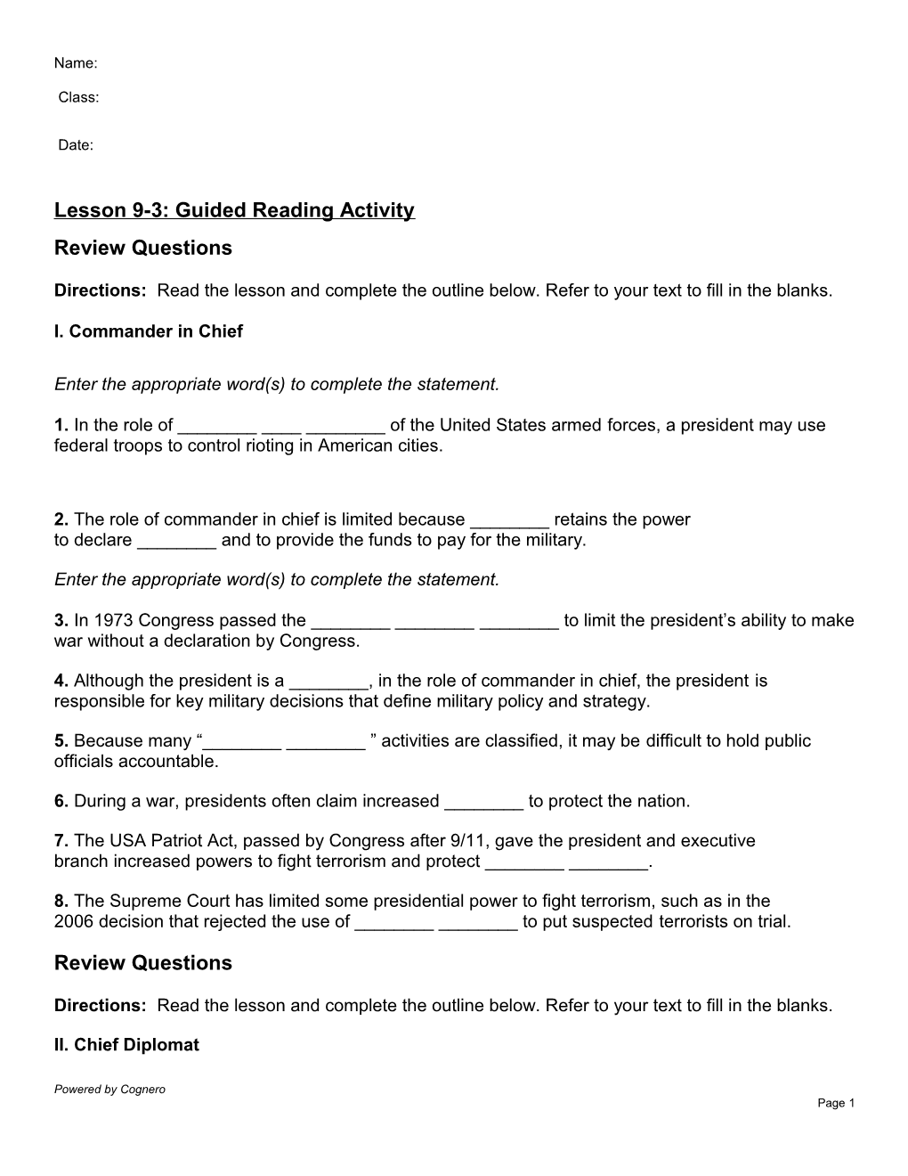 Lesson 9-3: Guided Reading Activity