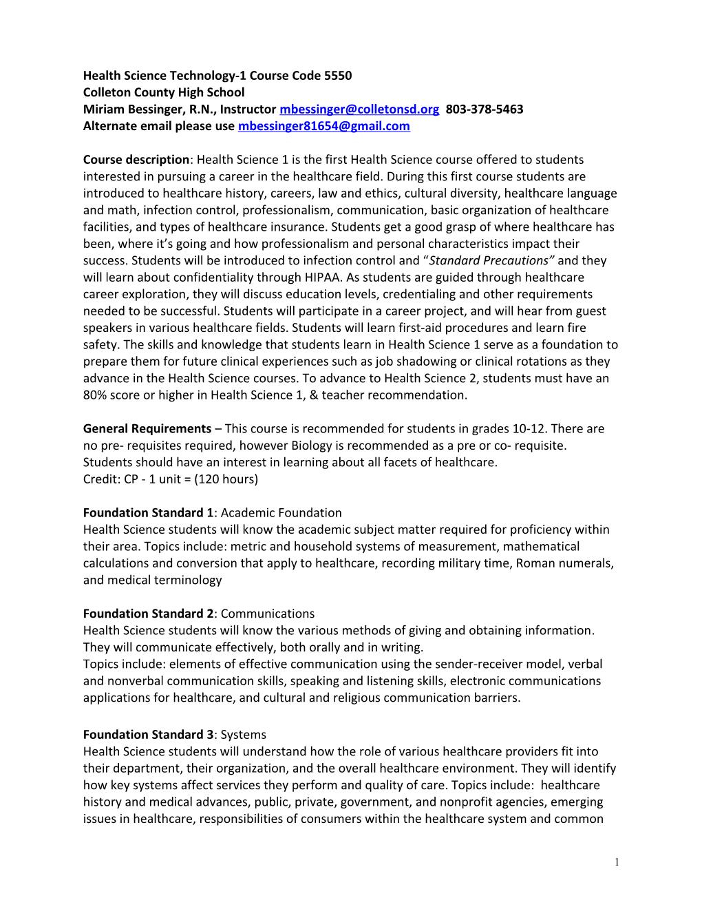 Health Science Technology Syllabus Outline